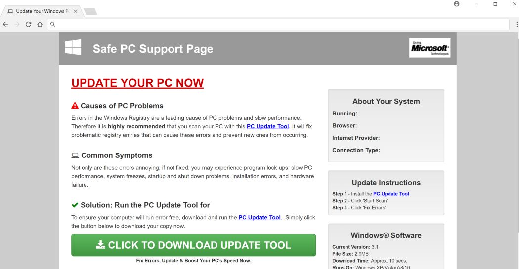 Pop-ups de la página de soporte de PC segura