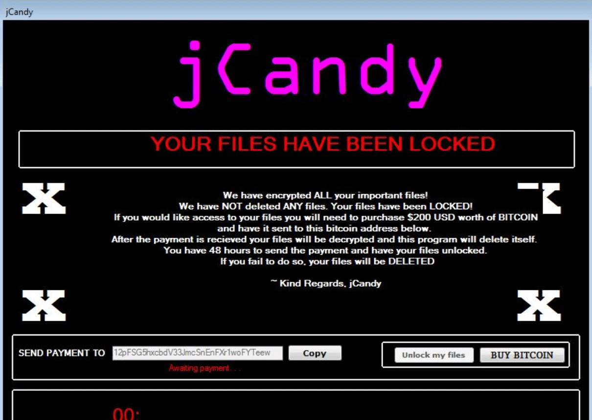 Wiadomość o okupie jCandy Ransomware