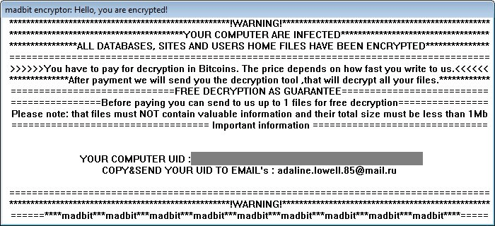 Ransom Note z MadBit Ransomware