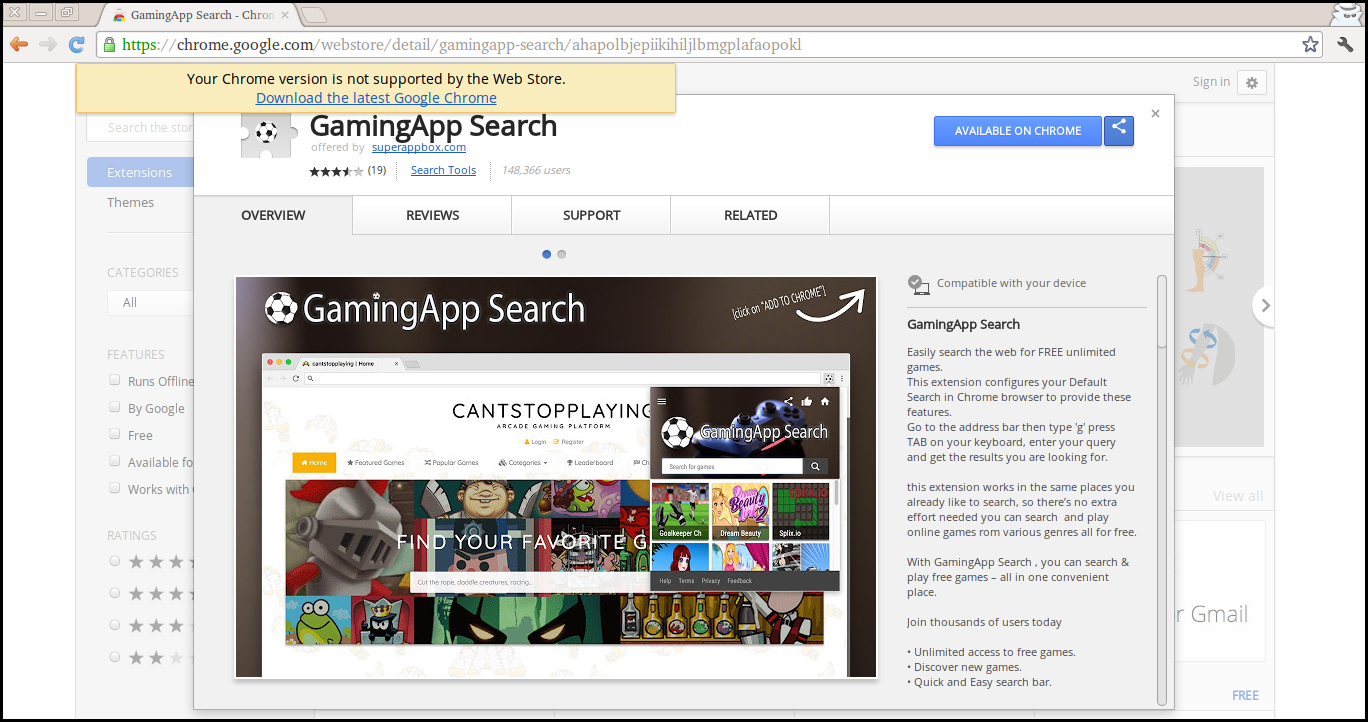Eliminar la extensión de búsqueda de GamingApp