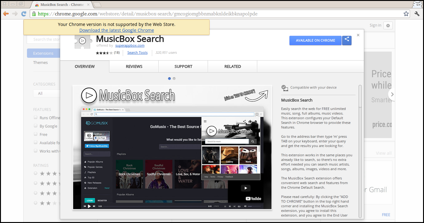 Eliminar la extensión de búsqueda de MusicBox