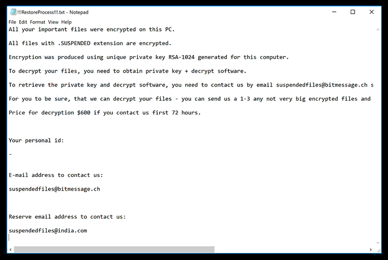 Ransom Note de Suspended Ransomware