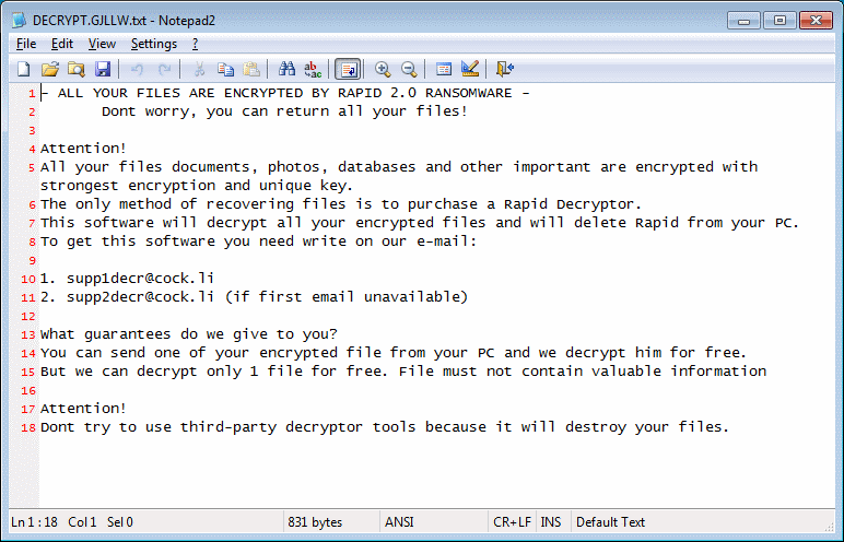 Ransom Note z Rapid 2.0 ransomware