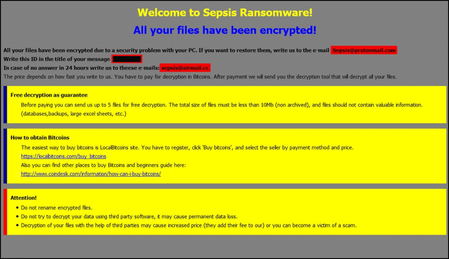 Lösegeld Hinweis von Sepsis Ransomware