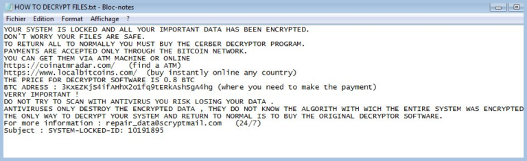 Rançon Note de Repair_data@scryptmail.com Virus