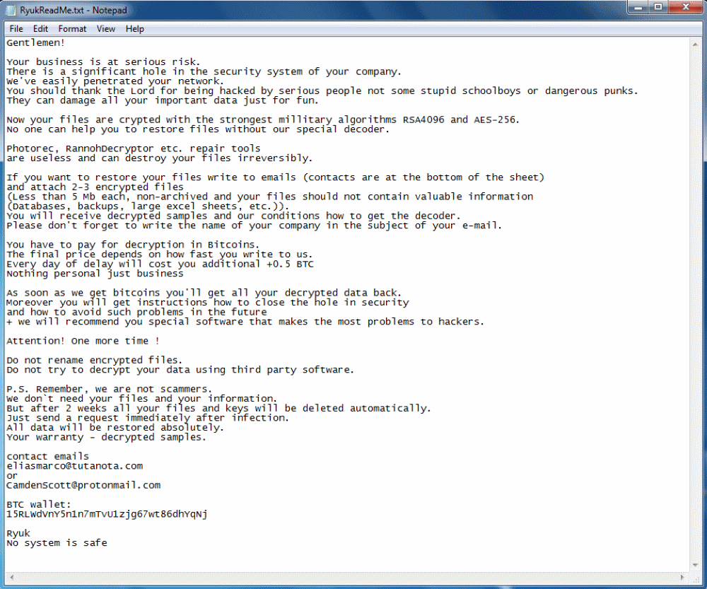 Ransom Note of Ryuk ransomware