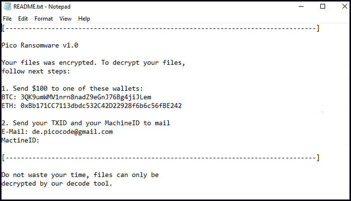 Ransom Note of Pico Ransomware