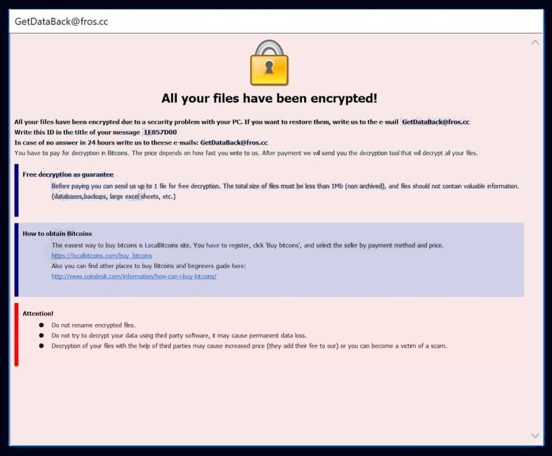 Riscatto Nota di getdataback@fros.cc Ransomware