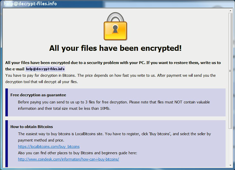 Riscatto Nota di help@decrypt-files.info Ransomware
