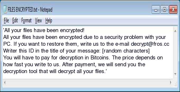Nota de rescate de decrypt@fros.cc Ransomware