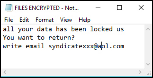 Ransom Note of syndicateXXX@aol.com Ransomware