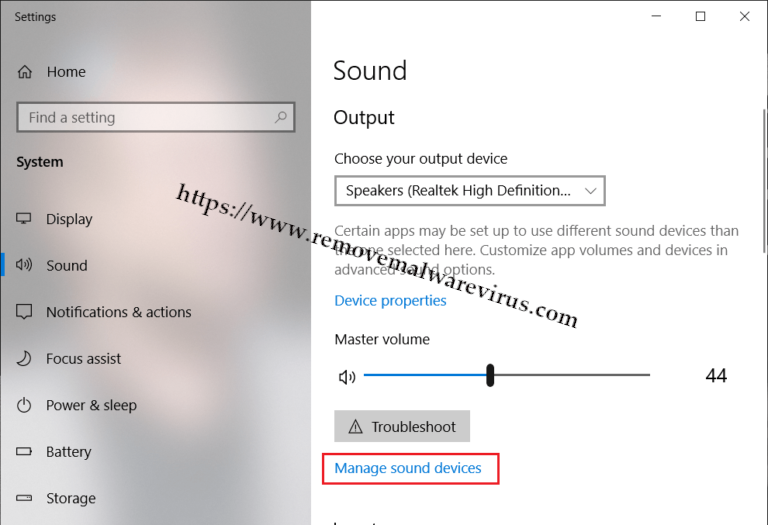 Now under Output click on Manage sound devices 768x525 1 (Resolved) Headphones Not Working In Windows 10